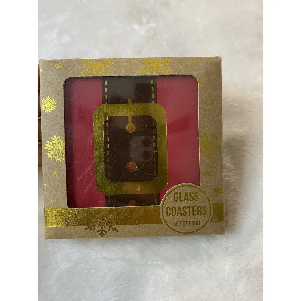New TMD Christmas Santa Belt Glass Coasters Set of 4 Holiday Table Decor Gift
